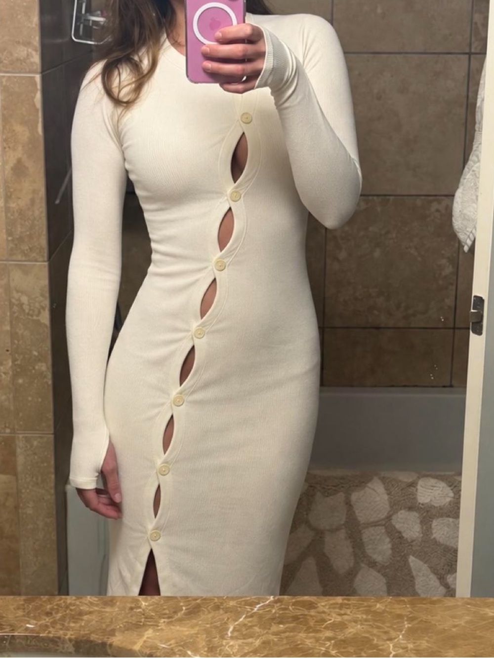 ALIX NYC Ribbed Pearson Midi Dress Ivory Long Sleeve Fitted Bodycon XS NWOT